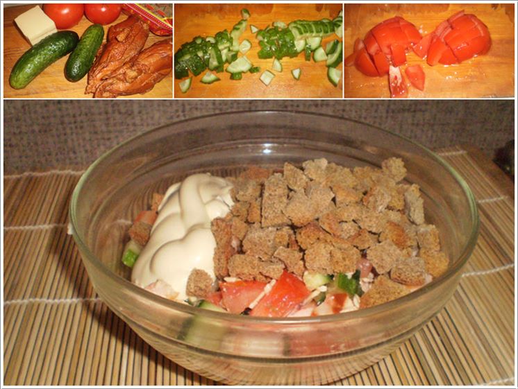 Салат с копченой куриной грудкой, сухариками и помидорами